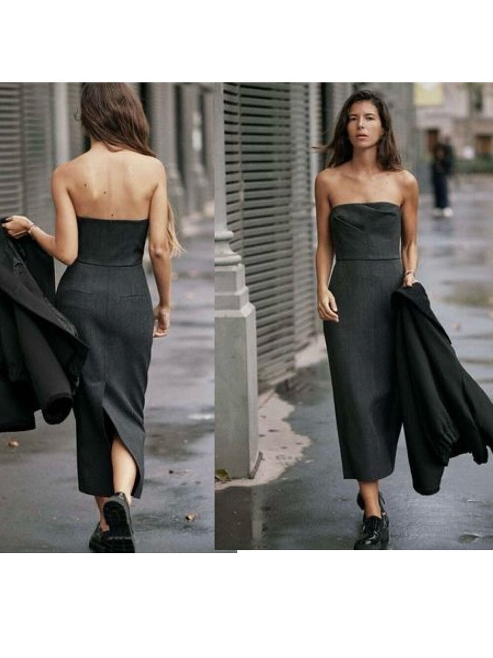 Zara gray strapless midi pencil dress pockets slit Sz S NWT - Picture 4 of 17